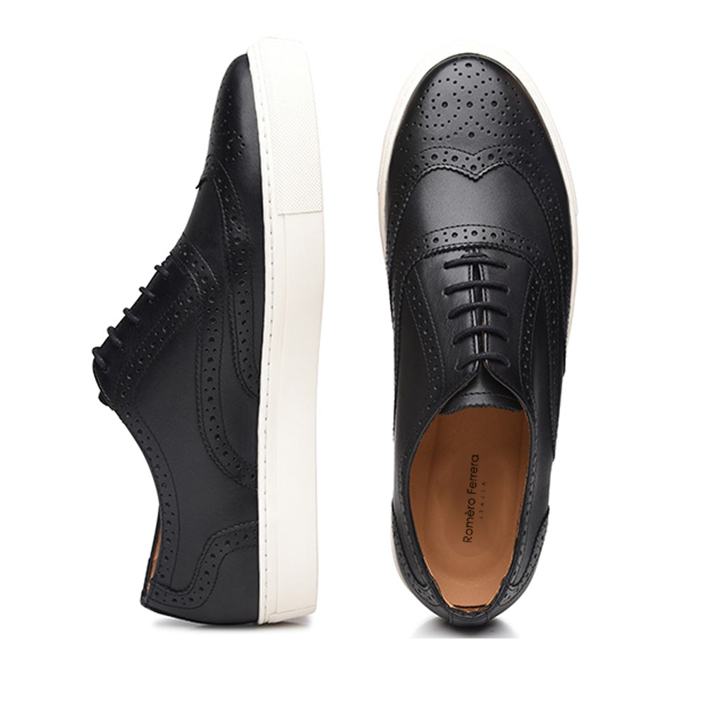 Black Leather Wingtip Oxford Low Top Lace Up Sneaker for Men. White Comfortable Cup Sole.